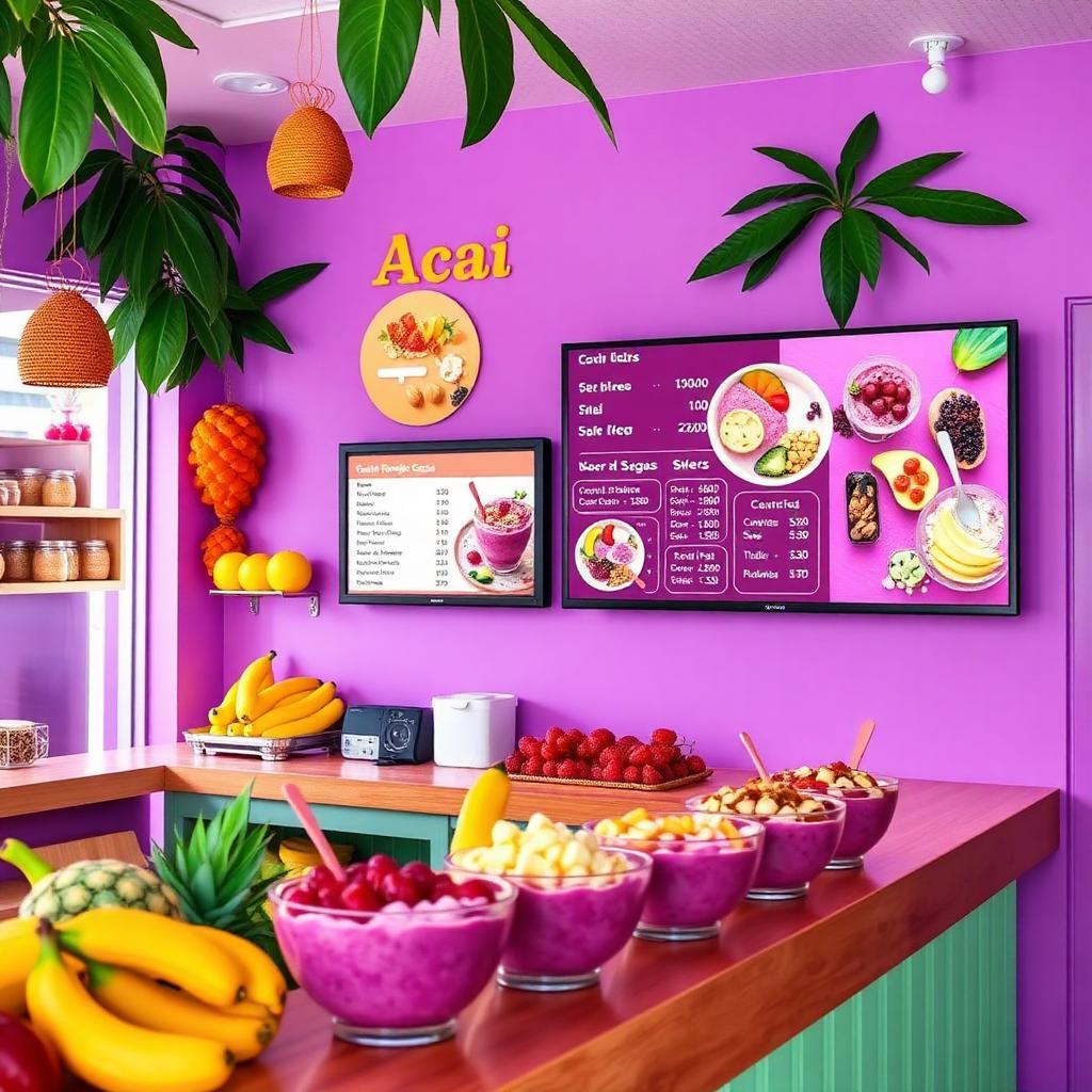 Açaiteria com TV exibindo cardápio digital de açaí, tamanhos e complementos criado com TvPainel