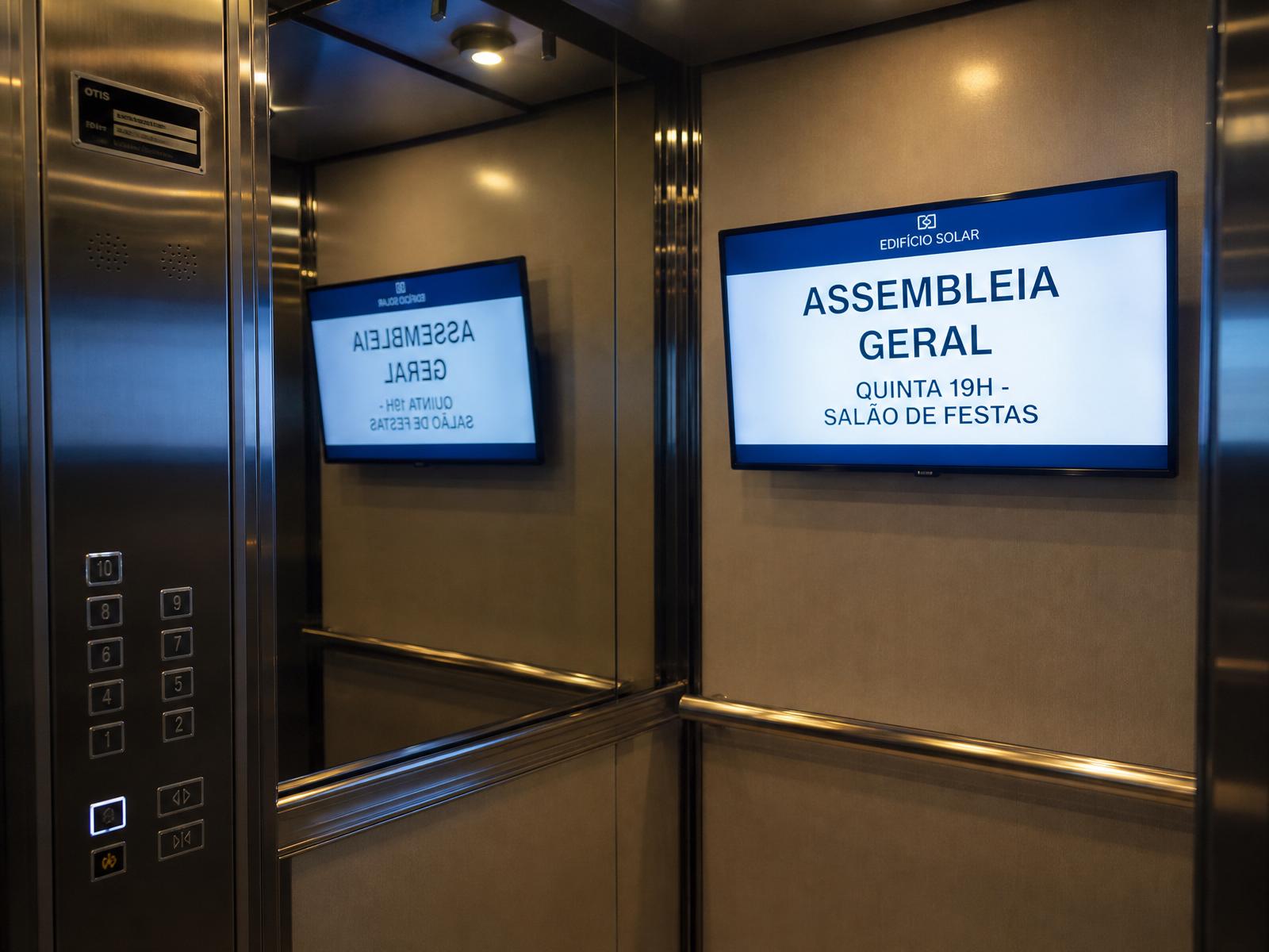 Tablet no elevador exibindo comunicados do síndico — ilustração para o artigo sobre mural digital para condomínio