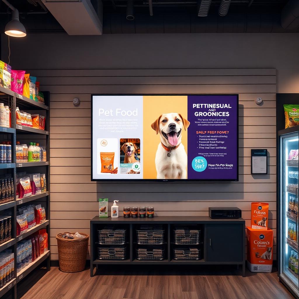 Cachorro em pet shop com Smart TV exibindo ofertas ao fundo — ilustração para o artigo sobre painel digital para pet shop