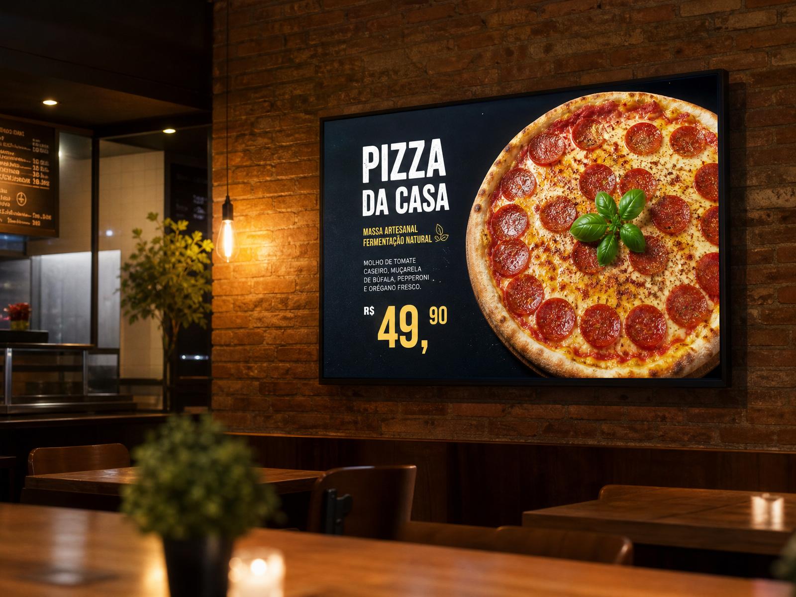 Pizzaria com cardápio digital animado em TV acima do balcão — ilustração para o artigo sobre cardápio digital para restaurante