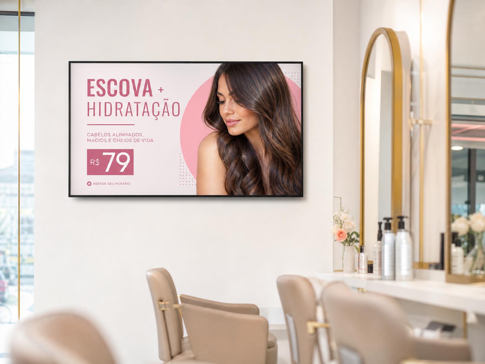 Salão de beleza com TV exibindo promoção de escova e hidratação criada com TvPainel