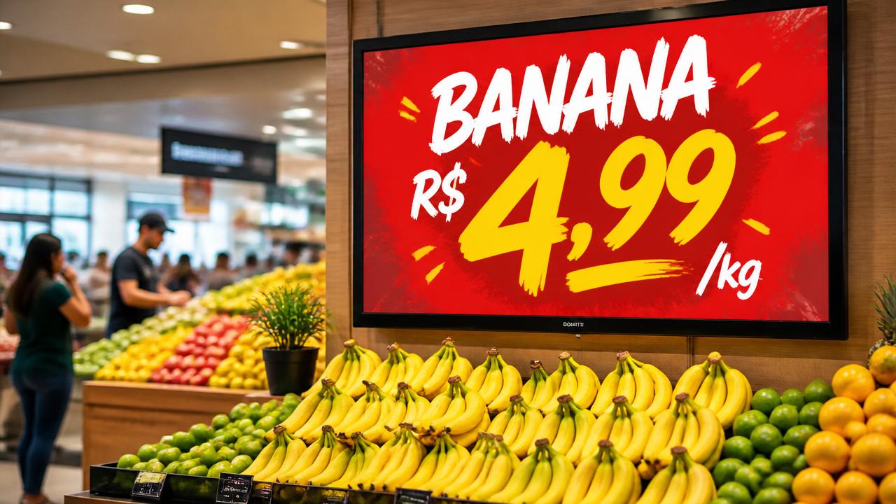 Supermercado com TV exibindo cartaz digital de pincel para hortifruti e ofertas da semana — ilustração para o artigo sobre tv de ofertas no hortifruti